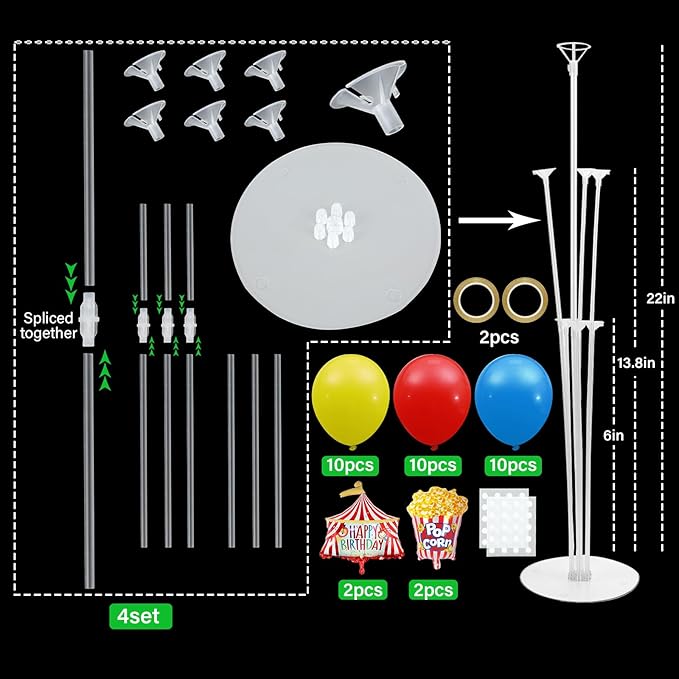 4 Sets Carnival Circus Party Balloons Stand Kit with Circus Tent Popcorn Foil Balloons Plim Theme Party Ball Balloon Centerpiece for Tables for Carnival Themed Birthday Baby Shower Decoration