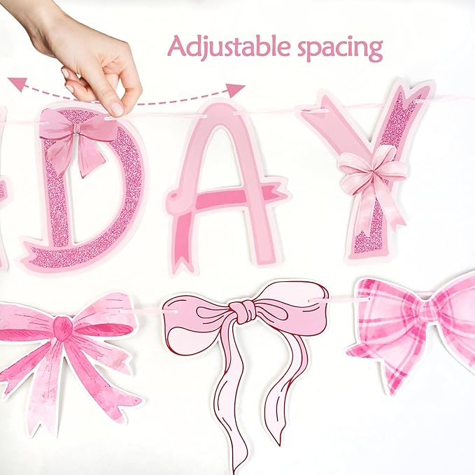Pre-Strung Pink Bow Birthday Decorations, Pink Coquette Party Decorations, Bow Party Supplies Include Happy Birthday Banner, Bow Garland Banner for Girls