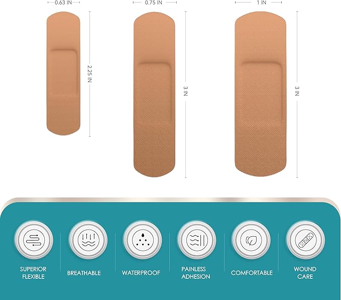 Flexible Fabric Adhesive Bandages, 100 Count, Latex Free First Aid Bandage with Non-Stick Pad for Wound Care, Cuts, Scrapes, Blisters, Assorted Sizes