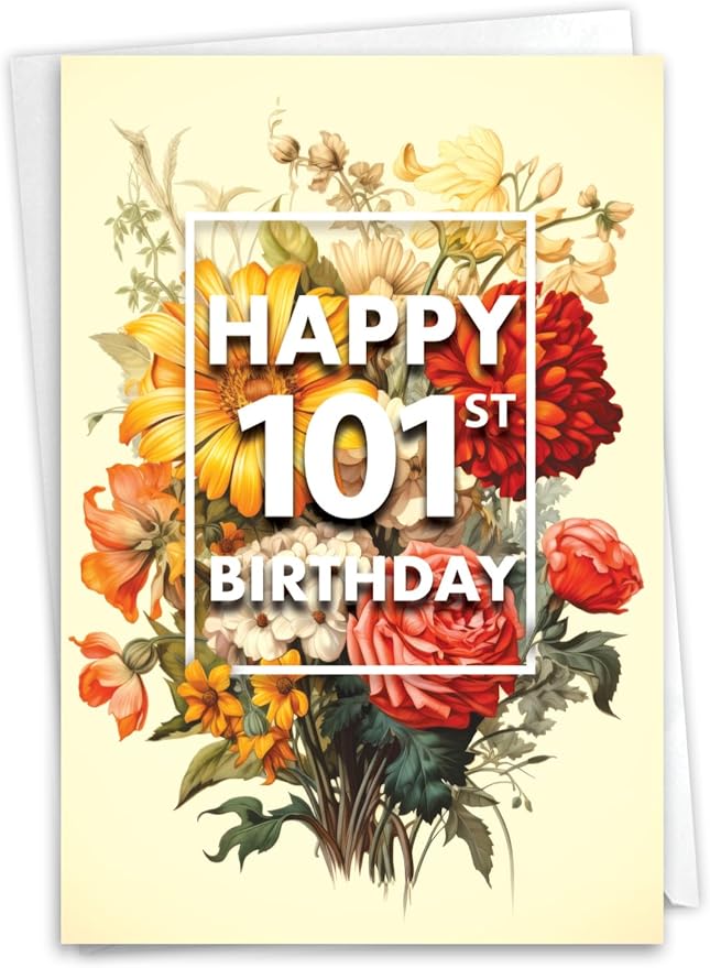 NobleWorks 101th Birthday Milestone Greeting Card with 5 x 7 Inch Envelope (1 Card) Flowers For Milestones - 101 C10581MBG