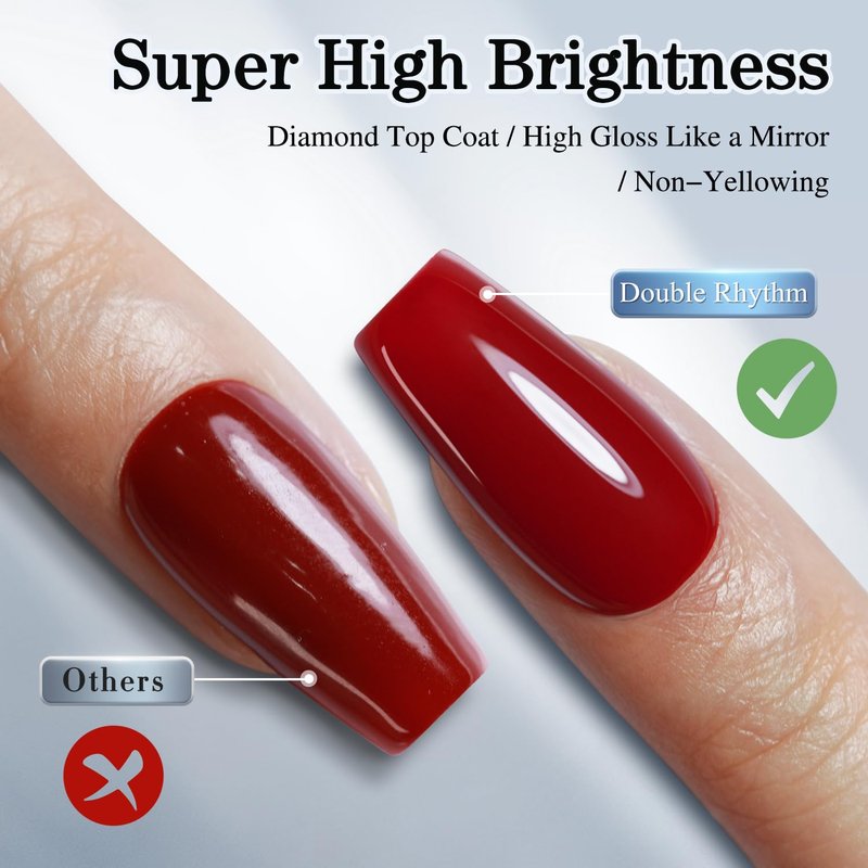 Double Rhythm 2 Pcs 15ML No Wipe Gel Top Coat and Base Coat Set Clear Glossy Gel Polish Kit (2Pcs Top Coat)