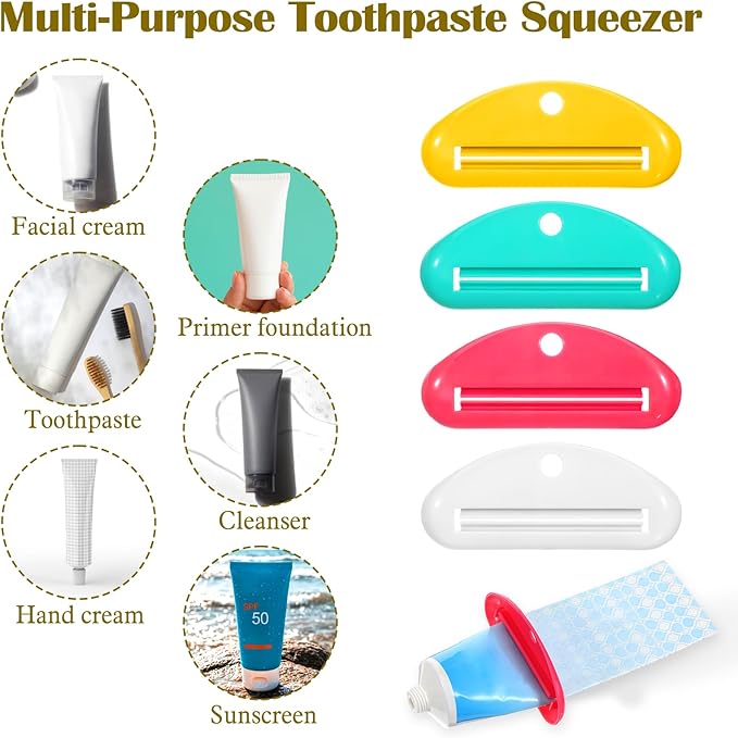 4Pcs Toothpaste Tube Squeezer Tool, Reusable Plastic Toothpaste Dispenser & Holder, 4 Assorted Colors Hanging Tooth Paste Squeezer for Bathroom Toothpastes Cream Cosmetics Paint