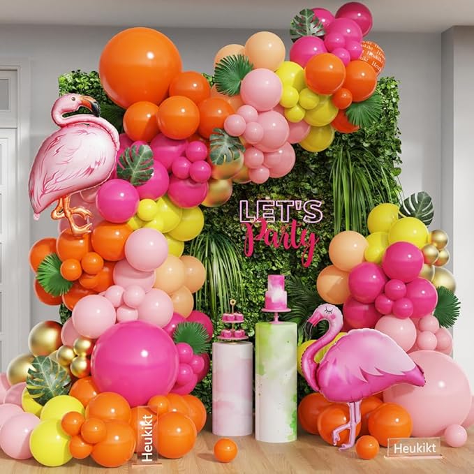 Tropical Flamingo Balloons Arch Garland Kit, 159Pcs Hot Pink Yellow Orange Latex Balloons with Flamingo Foil Balloon for Hawaiian Luau Summer Beach Birthday Party Supplies