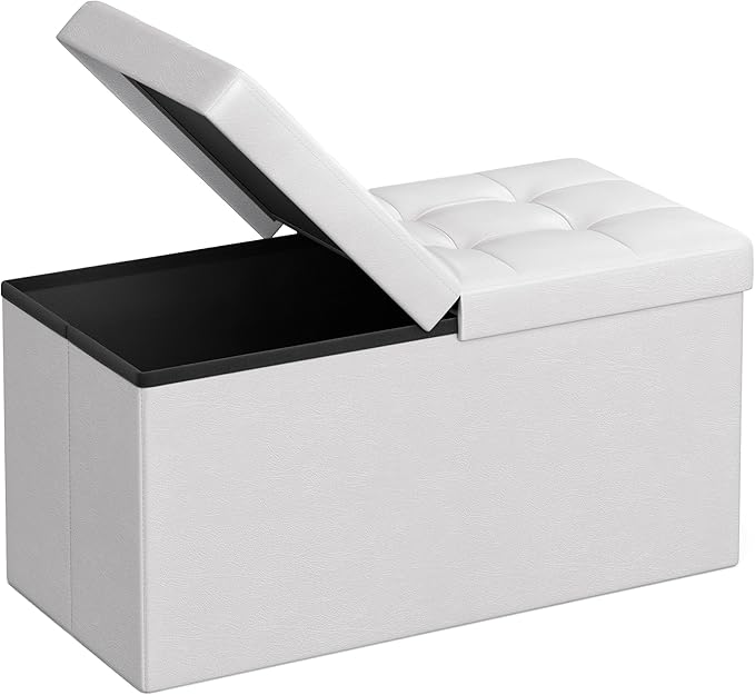 SONGMICS MAZIE Collection - 30 Inches Storage Ottoman Bench with Flipping Lid, Storage Chest Footstool, Load 660 lb, for Entryway, Living Room, Bedroom, Synthetic Leather, White ULSF45WT
