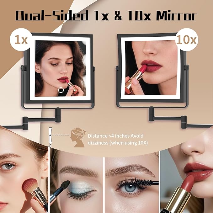 Wall Mounted Makeup Mirror with Lights 4000mAh Rechargeable Double Sided 1X/10X Magnifying Lighted Vanity Mirror with 3 Color Lights & Touch Dimmable 360° Rotation Extension Swing Arm for Bathroom