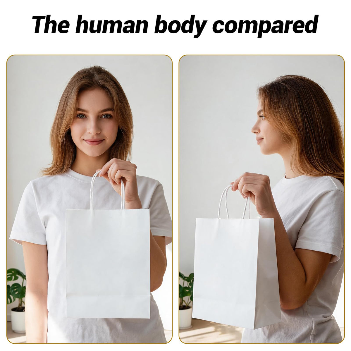 bagmad 100Pcs Pack 8x4.75x10 inch Medium White Kraft Paper Bags with Handles Bulk, Gift Bags, Craft Grocery Shopping Retail Birthday Party Favors Wedding Sacks Restaurant Takeout, Business (100)
