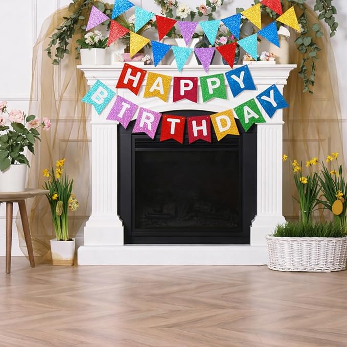 Irenare 4 Pieces Happy Birthday Banner Colorful Birthday Party Decor Rainbow Felt Garland Banner Rainbow Party Decorations Supplies (Shimmering Pink)