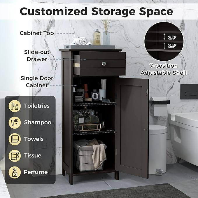 LOKO Bathroom Floor Cabinet, Modern Single Door Storage Cabinet with Drawer & Adjustable Shelves, Corner Narrow Storage Organizer for Living Room, Entryway (Brown)