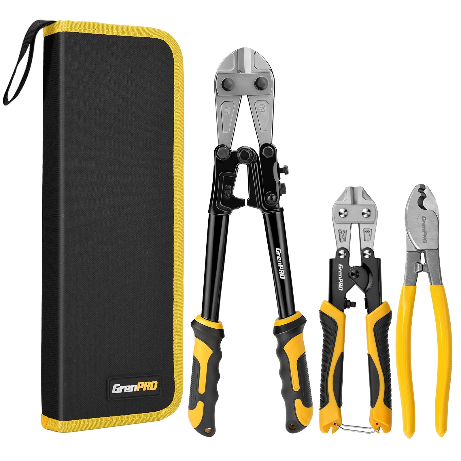 GRENPRO 3-Piece Bolt Cutter Pliers Set, 14" Heavy Duty Bolt Cutter, 8" Mini Wire Cutter, 8" Cable Cutter with Carrying Bag, Cr-V Blade for Metal, Key, Lock, Craft & Hard Wire, Screw, Chains Hand tool