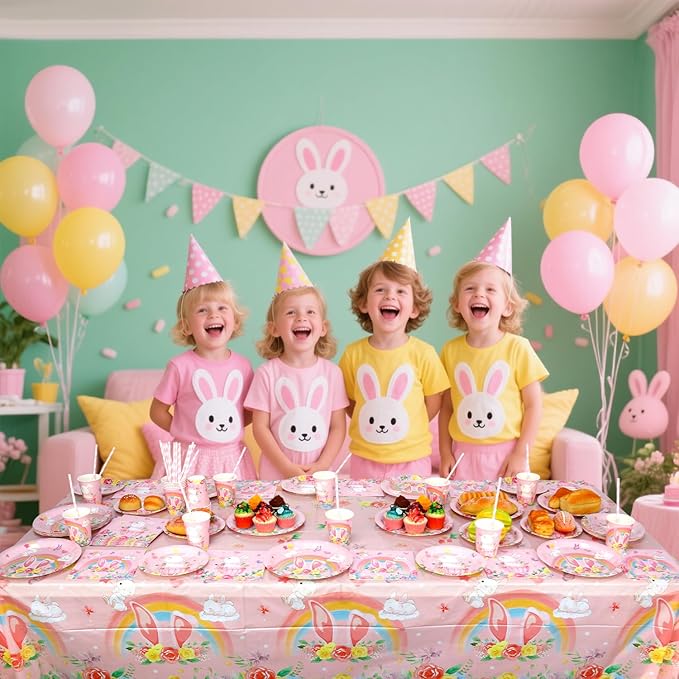 KEFAN Bunny Birthday Party Decorations, Rabbit Theme Party Tableware Supplies including Plates, Cups, Napkins, Tablecloth (40)