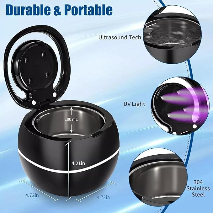 Ultrasonic UV Denture Cleaning Case, Upgraded Ultrasonic Retainer Cleaner Machine, Retainer Cleaner Machine for Night Guards, Braces, Aligner, Toothbrush, Jewelry and More (Black)
