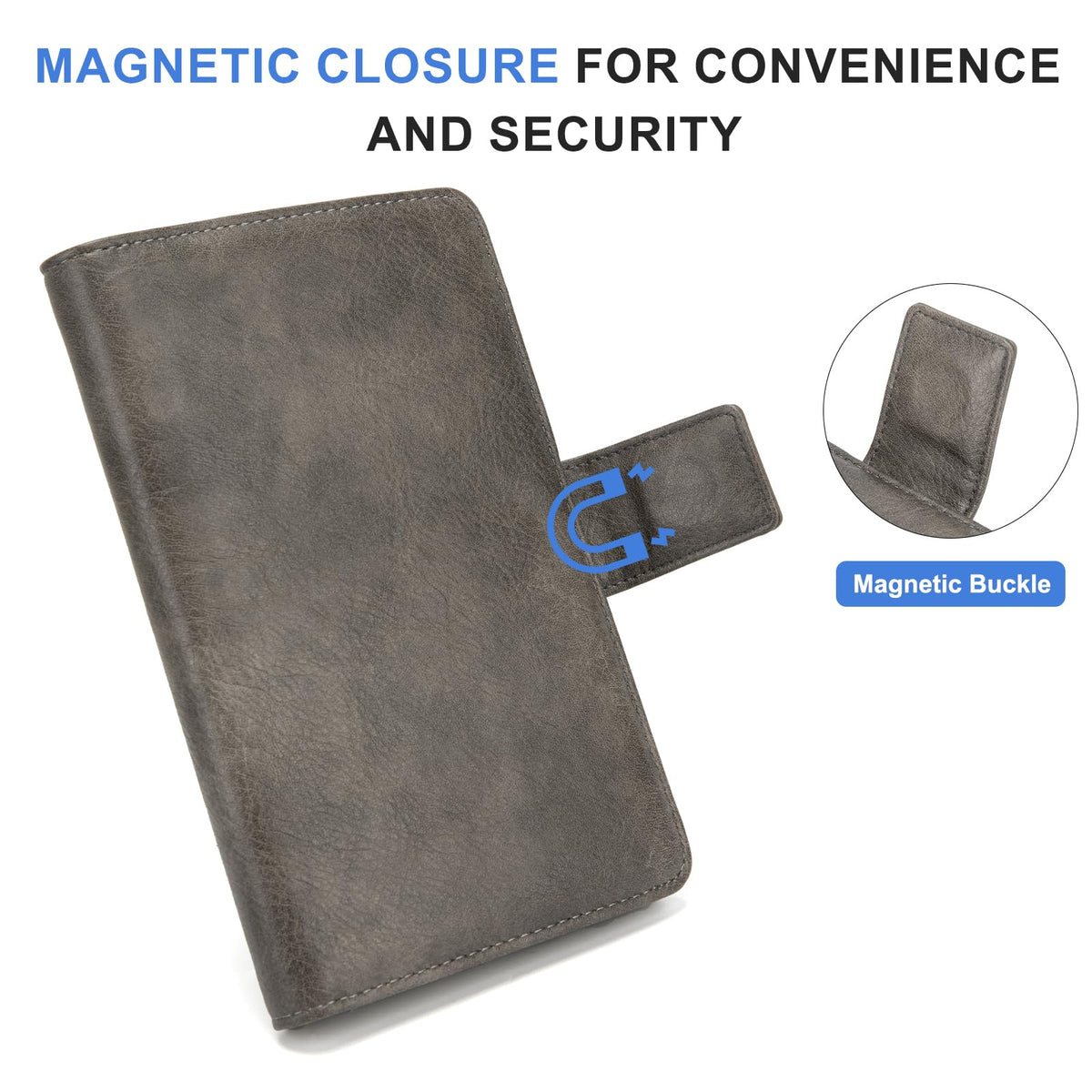 Server Book with Zipper Pocket and Magnetic Closure, Server Books for Waitress, Leather Waitstaff Organizer with High Volume Money Pocket, Fit Server Apron (Grey)