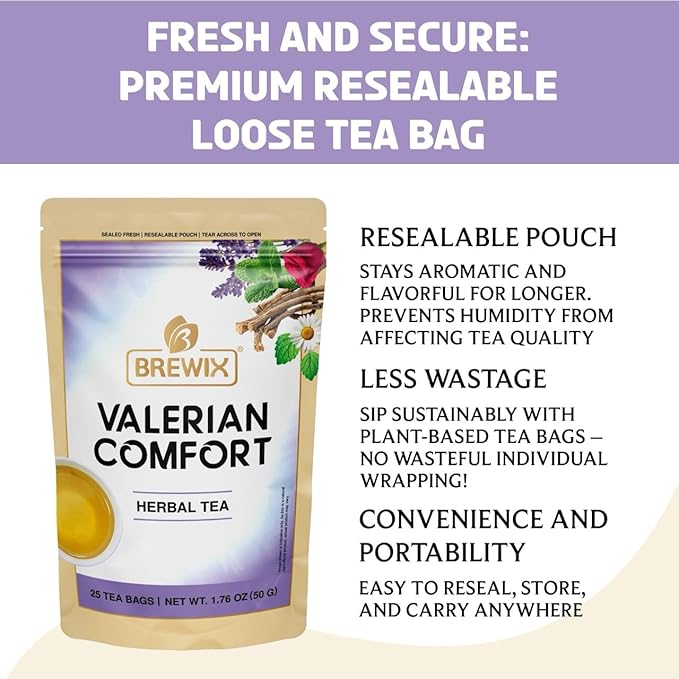 BREWIX, Valerian Comfort Tea for Sleep and Relaxation (25 Pyramid Bags) Caffeine-Free and Calming for Bedtime | Valerian Root, Chamomile & Lavender | Perfect Wellness Sleep