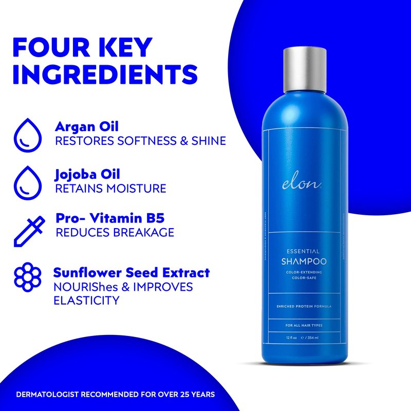 Elon Essential Shampoo for Damaged Hair — For Dry Hair, Color-Safe & Color-Extending Hair Repair & Hydrating Shampoo — Sulfate Free & Paraben Free (12 Fl Oz)