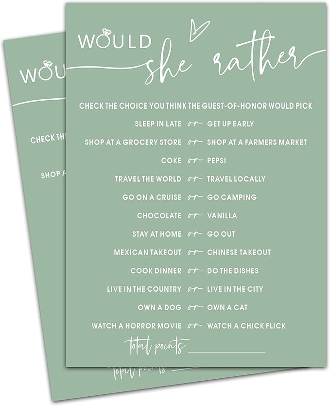 Would She Rather Bridal Shower Game, Sea Green Bridal Shower Games, 30 Elegant Wedding Game for Bachelorette Engagement Party Supplies - A09