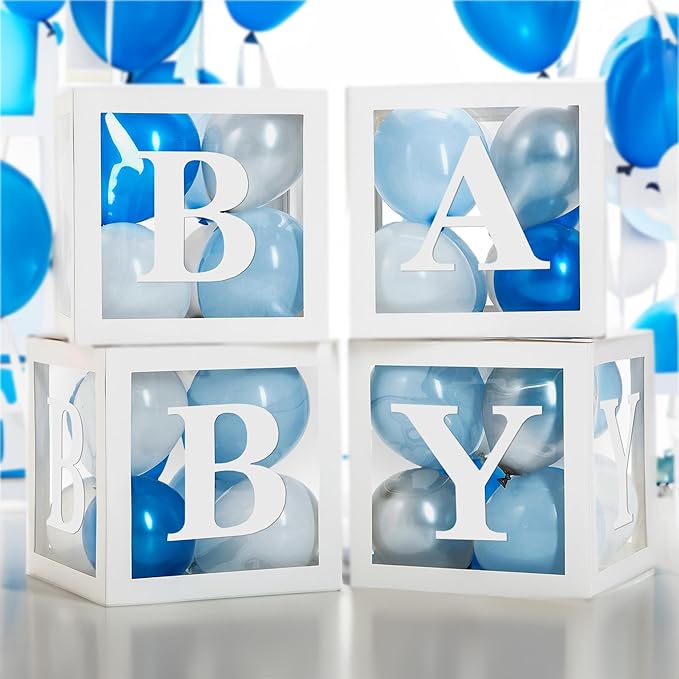 Baby Shower Boxes with Letters – White Boxes with Blue, Silver & White Balloons – 44-Piece Gender Reveal & Party Decoration Set by Vellax