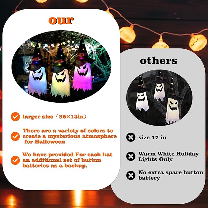 Halloween Decorations Outdoor 3Pcs Large Size Hanging Lighted Glowing Ghost Witch Hat Decor with Lights String for Party Indoor Outside Ornaments and Yard Tree Garden