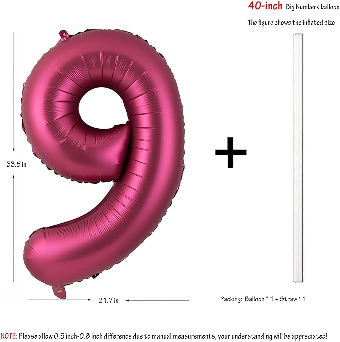 Number 9 Balloons 40 Inch Wine Red Burgundy Foil Helium Large Balloons for Birthday Party Anniversary Decorations（Digital 9）