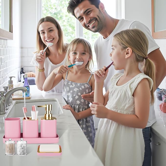 25PCS Bathroom Accessory Set, Pink Bathroom Set with Large-Capacity 4 Gallon Trash Can,Bathroom Rugs Set, Waterproof Shower Curtain, Toilet Brush, Toothbrush Holder & Soap Dispenser