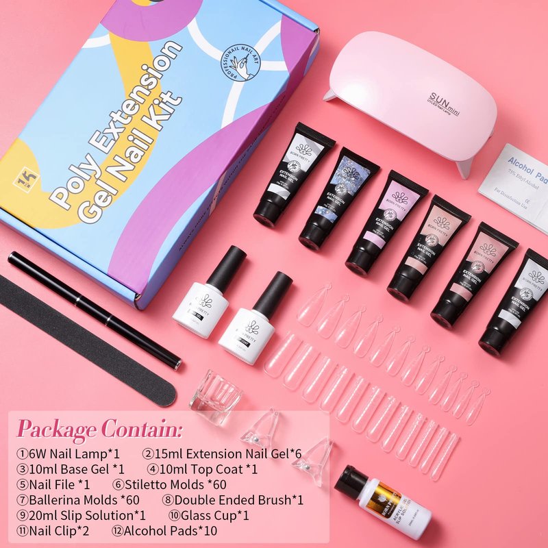 BORN PRETTY Poly Nail Extension Gel Kit-6 Colors Poly Nails Gel Kit Nude Clear Jelly Pink All In One Kit Builder Glue Gel with Nail Lamp Base Top Coat Set Nail Forms French Manicure Set for Beginner Starter DIY at Home Mother's Day Gifts