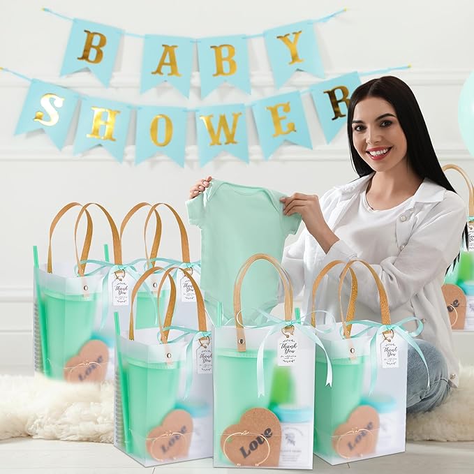 56Pcs Baby Shower Prizes for Game Winners Baby Shower Favors Gifts including Plastic Tumbler Notebook Scented Candles Ballpoint Pen Mirrors with Hair Brushes Bracelet Gift Bag (Green)