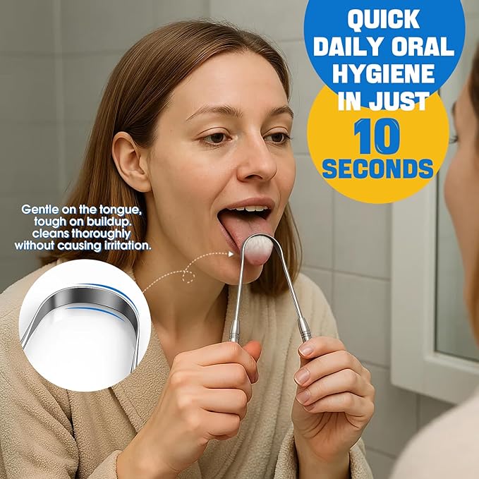 Stainless Tongue Scraper Set for Adults： Easy To Use For Oral Care and Hygiene – Pack Of 2 Stainless Steel Tongue Cleaners, 2 Travel Cases, 4 Floss Picks – Cleaning for Tongue Care & Fresh Breath