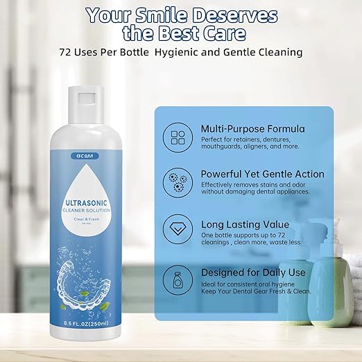 BCOM Ultrasonic Retainer Cleaner Solution, Jewelry Cleaner Solution Deep Clean for Retainer, Mouthguards, Night Guards, Aligners and Jewelry Ring, Odor Stain Remover for Cleaner 8.5 oz,2 Pack