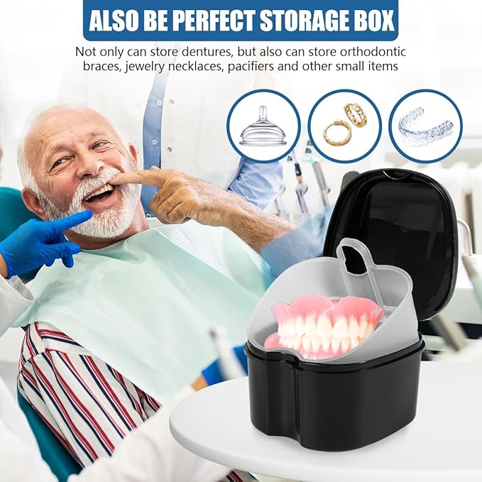 Black Denture Bath Case Cup Box Holder Storage Container with Denture Cleaner Brush Strainer Basket for Travel Cleaning