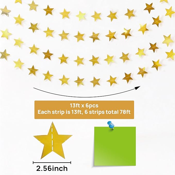 JOYIT 78ft Gold Star Garland – 6 Pack Shiny Party Decorations Banners for Birthday, Wedding, Baby Shower, Graduation & Holiday Backdrops (Gold Star)