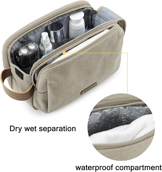 BAGSMART Toiletry Bag for Men, Canvas Travel Toiletry Organizer Dopp Kit Water-resistant Shaving Bag for Toiletries Accessories,Beige-Medium