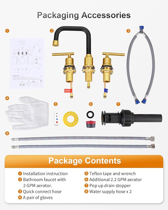 WOWOW Widespread Bathroom Faucet 3 Hole Bathroom Sink Faucet 2 Handle Vanity Faucet 8 Inch with Pop-Up Drain Black and Gold