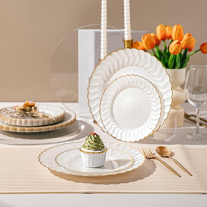 Lullaby 60PCS Pearl White Scalloped Plastic Plates with Gold Rim, Disposable Elegant Plates Include 30pcs Dinner Plate 10.25", 30pcs Dessert Plate 7.5", Perfect for Daily Use, Wedding and Party