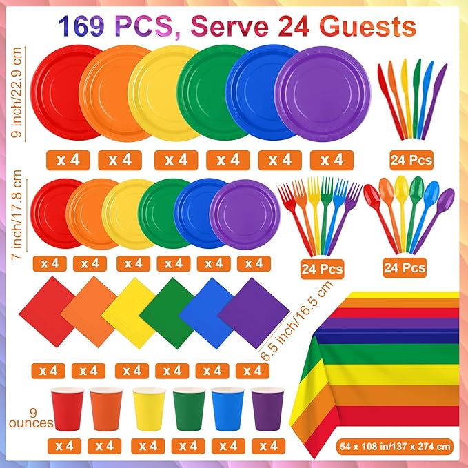 Kochorie 169 Pieces Rainbow Party Supplies Disposable Dinnerware Set Include Plates and Cups Napkins Plastic Forks Knives Spoons Tablecloth for Wedding Birthday Party Decorations, Serve 24 Guests