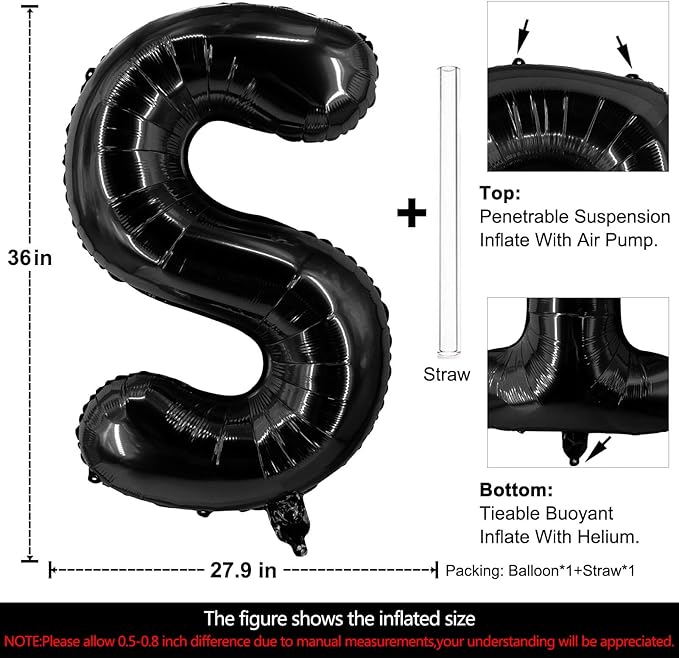 Lovoir 40 Inch Large Black Letter S Balloons Big Size Jumbo Mylar Foil Helium Balloon for Birthday Party Celebration Decorations Alphabet Black S
