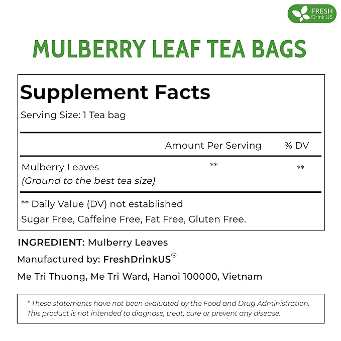FreshDrinkUS, Premium 120 Mulberry Leaf Tea Bags, 100% Natural & Pure from Mulberry Leaves. Loose Leaf Herbal Tea. Made with Natural Material Tea Bags. No Sugar, No Caffeine, No Gluten, Vegan.