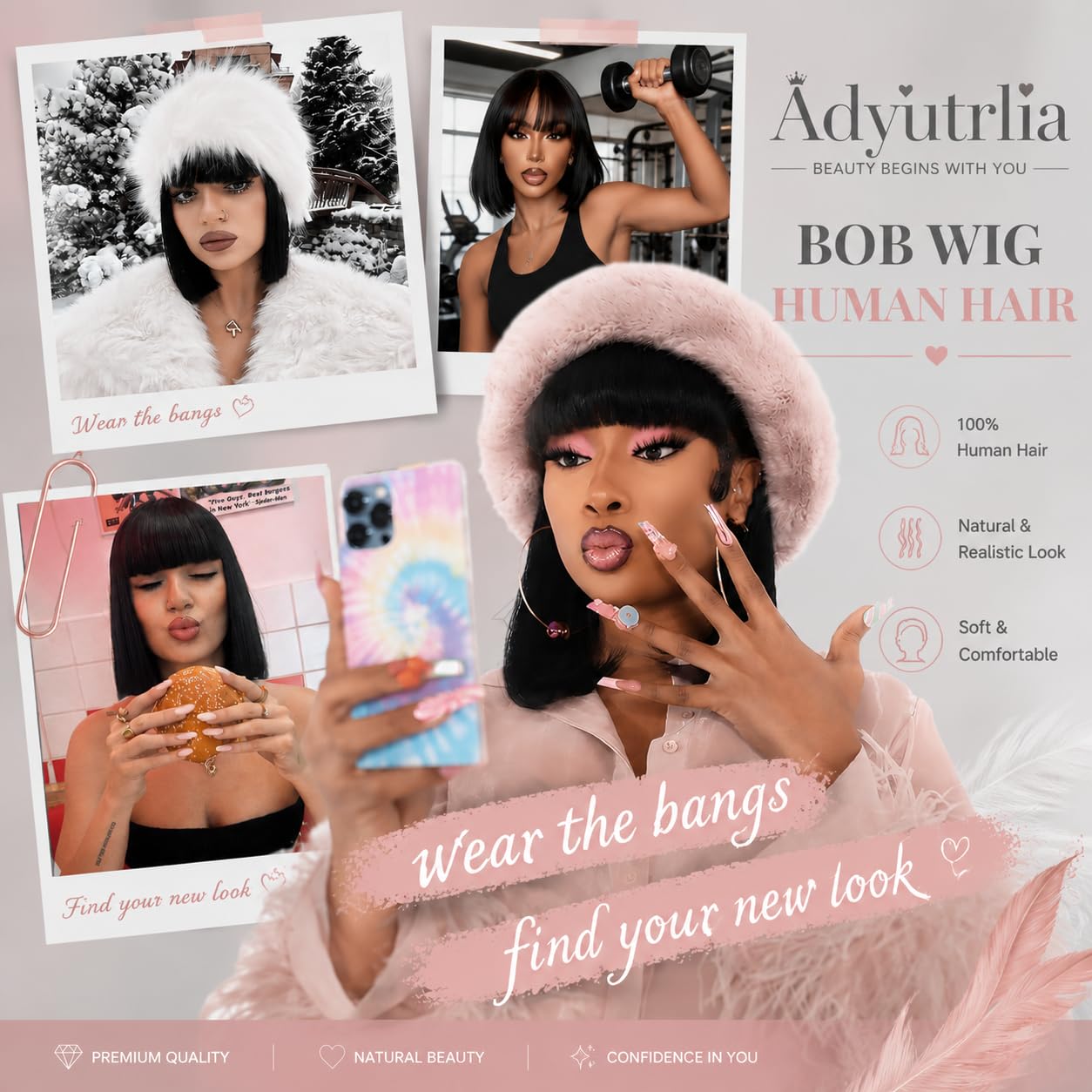 Adyutrlia Straight Bob Wig Human Hair With Bangs Glueless 2x4 HD Lace Colsure Wigs, Ready to Go Human Hair Wig Short Wigs Human Hair For Women Beginner Friendly (Natural Black, 10 Inch)
