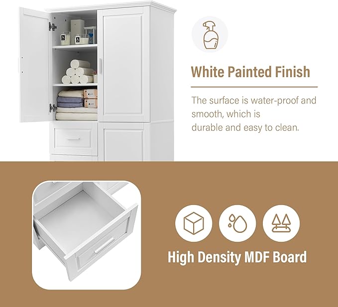 Merax Storage Cabinet with Three Drawers and Doors, Wide Pantry Cupboard for Kitchen, Living Room and Bathroom, Adjustable Shelf, White