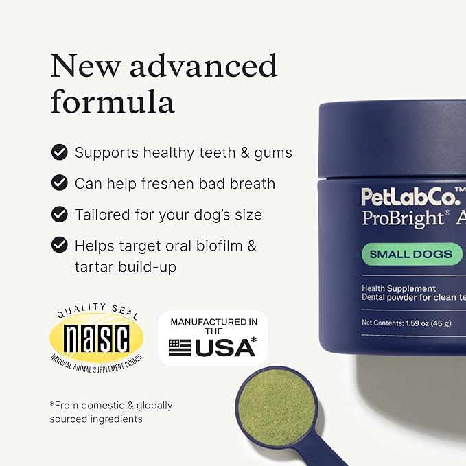PetLab Co. ProBright Advanced Dental Powder - Dog Breath Freshener - Teeth Cleaning Made Easy – Targets Tartar & Bad Breath - Packaging May Vary - Formulated for Small Dogs