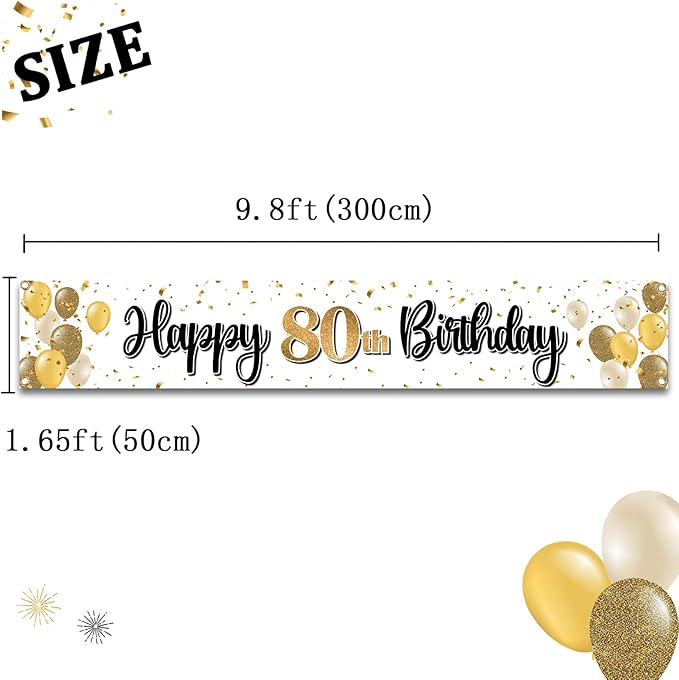 Happy 80th Birthday Decorations,80th Gold Balloon Large Birthday Hanging Banner Sign,Cheers to Eighty Years Old Bday Party Supplies.