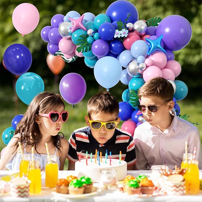 FunHot Blue Pink Purple Balloon Arch Garland Kit with Purple Metallic Silver Royal Blue Retro Pink 4-Point Star Foil Balloons for Baby Shower Wedding Tropical Theme Kids Birthday Party Decorations