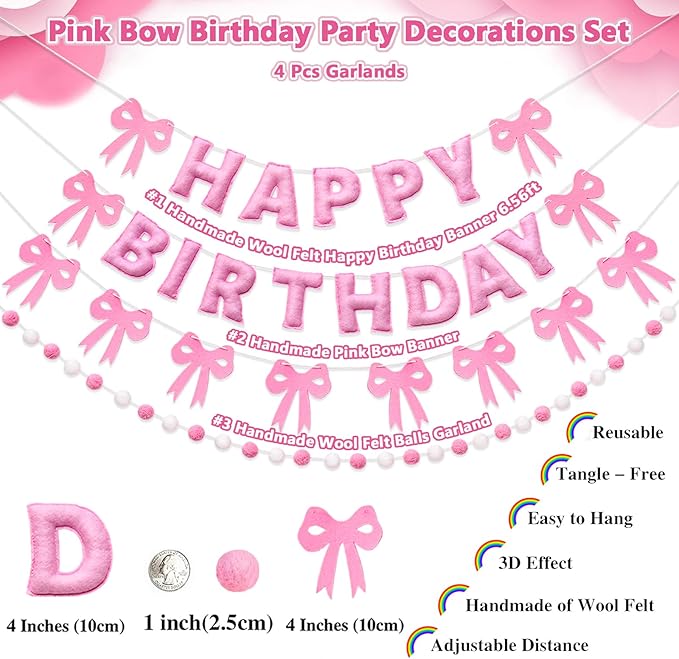 Pre-Strung Pink Bow Birthday Decorations, Reusable Coquette Party Decorations with Wool Felt Happy Birthday Banner, Bow and Felt Ball Garland for Girls Women Baby Shower Pink Bow Theme Decor