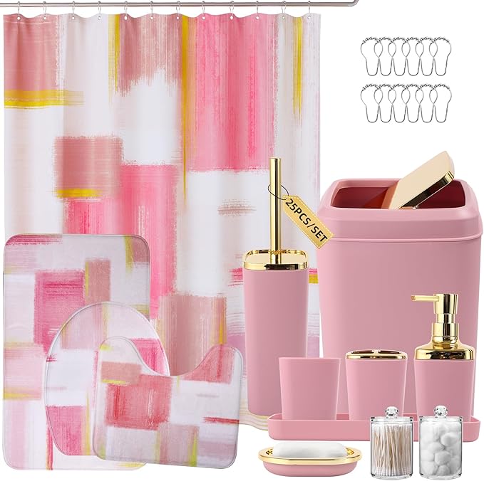 Bathroom Set - Pink and Gold Bathroom Accessories Set, Bathroom Sets with Shower Curtain and Rugs, Pink Shower Curtain Set with Bathroom Trash Can, Soap Dispenser, Soap Dish for Home Decor
