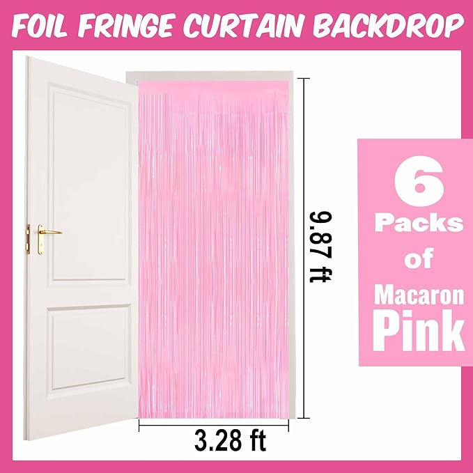 6 Pack Macaron Pink Foil Fringe Curtains Backdrop, 3.28 x 9.8 Ft Metallic Streamers Tinsel Curtains Background for Photo Booth, Birthday, Halloween, Christmas, New Year Party Decorations