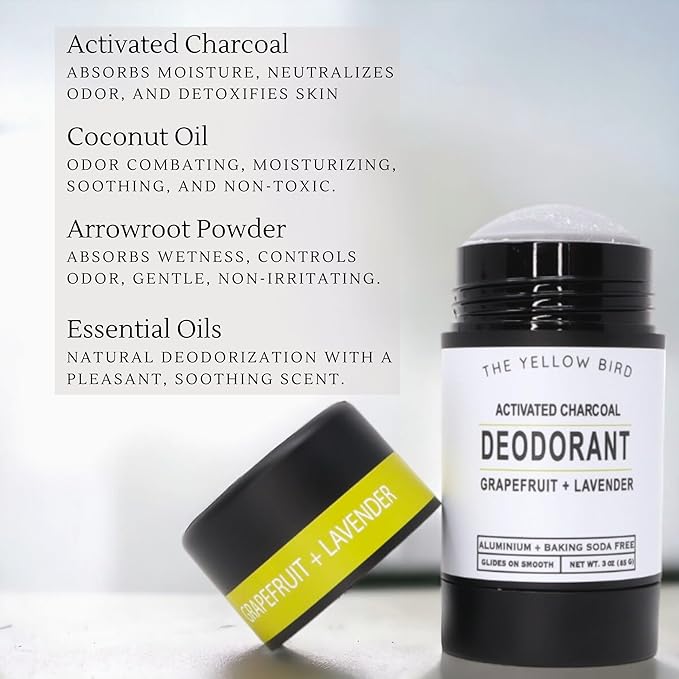 Natural Charcoal Deodorant - Baking Soda & Aluminum Free, For Men & Women, Sensitive Skin Friendly, Vegan, with Lavender, Grapefruit Essential Oils | 3oz | Made in USA