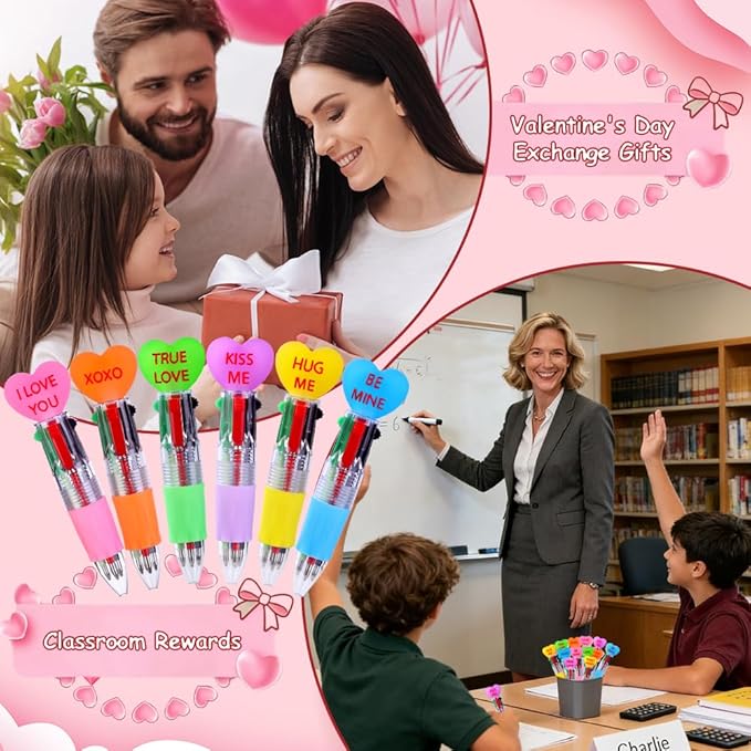 24pcs Valentine's Day Hearts Pens Cute Cartoon Multicolor Pen Fun 4-in-1 Pens Bulk Be Mine Love XOXO Valentines Stationery Party Favors School Supplies Students Rewards