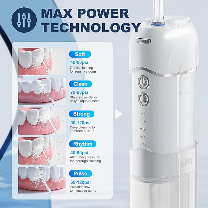 Mini Cordless Water Flosser for Travel, Portable Electric Dental Oral Irrigator for Smile Teeth Braces with 5 Cleaning Modes Rechargeable, Includes 4 Jet Tips & Storage Bag