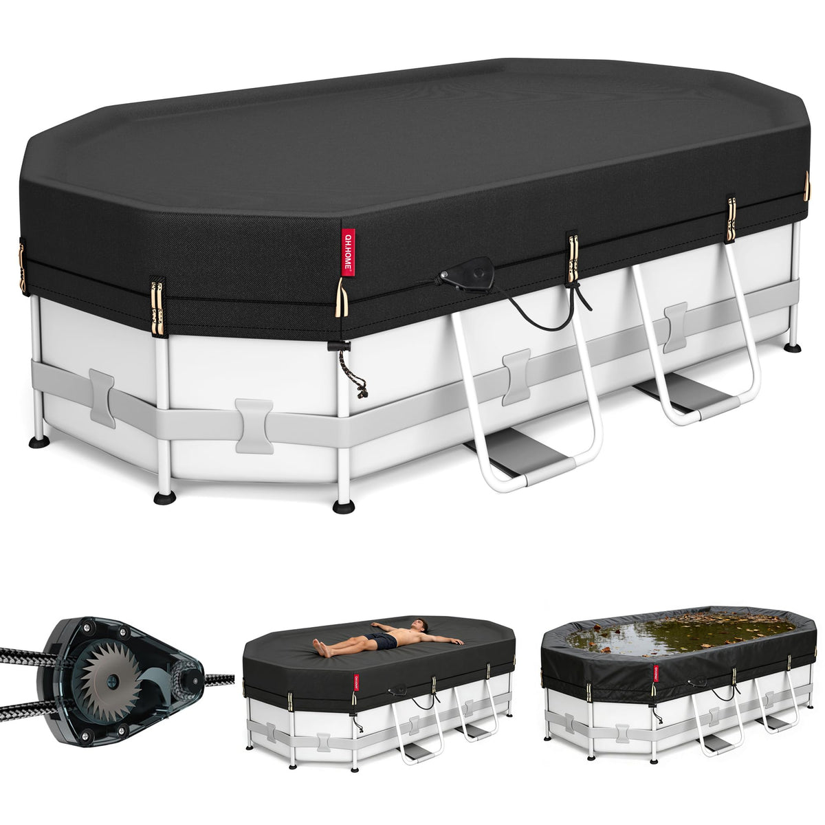 QH.HOME 12X20ft Oval Pool Cover,[Ultimate Windproof & Tear-Resistant Fabric],Snug Fit with Patented Ratchet & Weight Rings,Solar Pool Cover for Above Ground Pools, Blocks Leaves &Waterproof