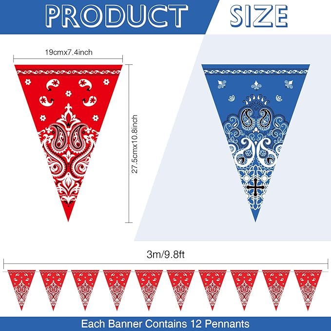 Boao 5 Pack Western Cowboy Party Decorations Bandana Pennant Banner Wild West Decor Western Cowboy Themed Yee Haw Country Party Decoration Supplies 9.8 x 5 ft(Red, Blue Paisley)
