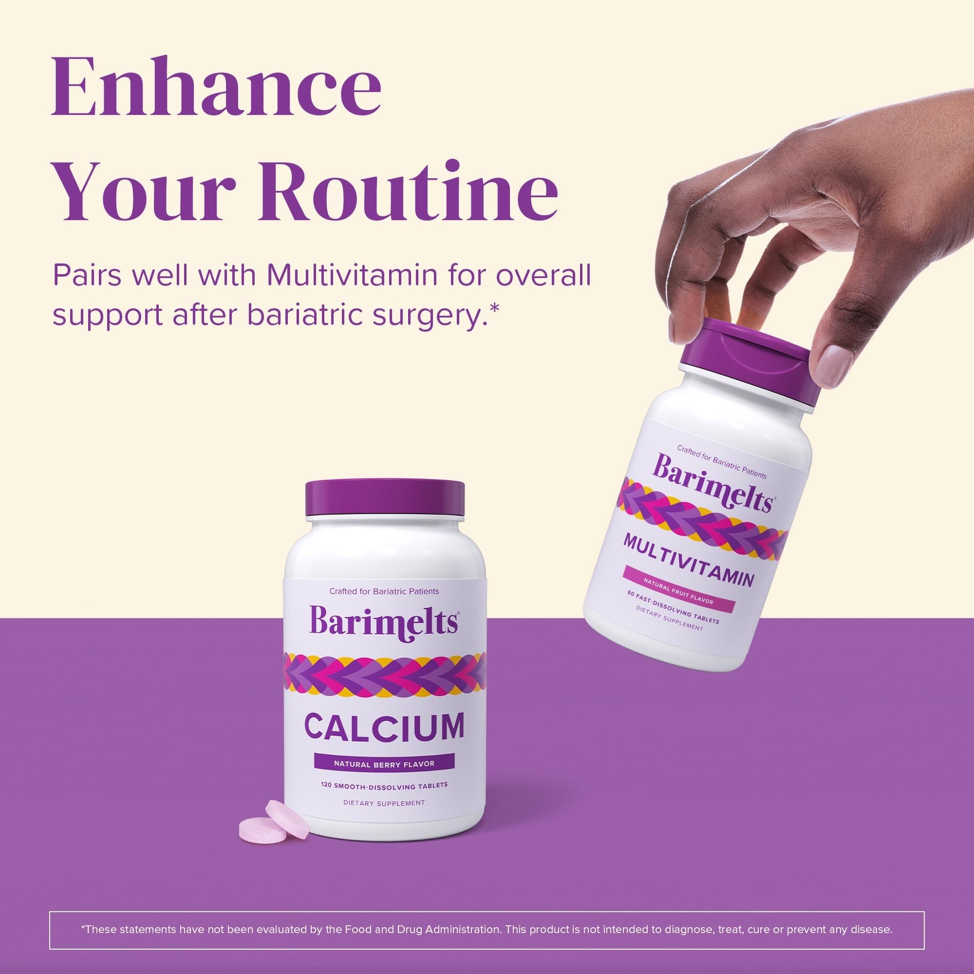 BariMelts Calcium Citrate with Vitamin D3 & Magnesium, 240 Smooth-Dissolving Tablets (2-Month Supply), Bariatric Calcium Supplements for Women, Natural Berry Flavor