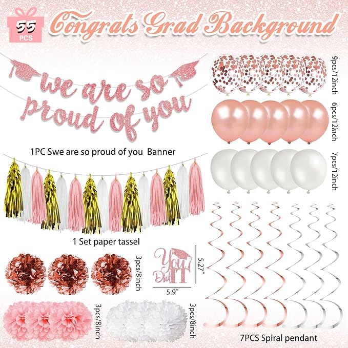 Graduation Decorations 2026 Pink Class of 2026 We Are So Proud of You Banner, Rose Gold 2026 Balloons for Pink Graduation Confetti Party Decorations